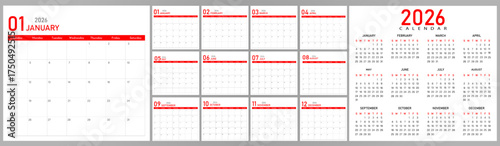 2026 Calendar Planner | Vector annual or monthly page layout for wall, desk calendar starts on Sunday | Modern calendar with red & black font color	| Calendar demo for education and official word
