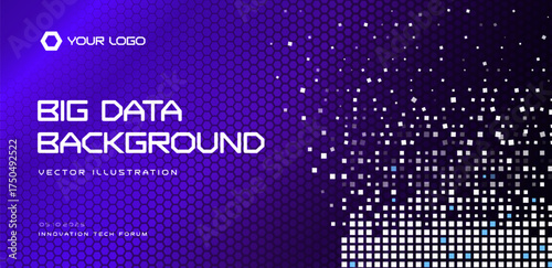 Big data background, purple hexagon grid with pixel dispersion. Analytics, AI, blockchain theme. For dashboards, reports, website, event. Data visuals for business and science. Vector illustration