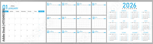 2026 Calendar Planner | Vector annual or monthly page layout for wall, desk calendar starts on Sunday | Modern calendar with blue & black font color	| Calendar demo for education and official word
