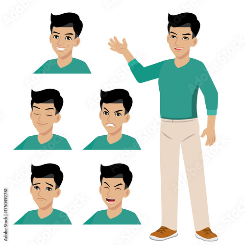 Young handsome man casual outfit with set of face expression