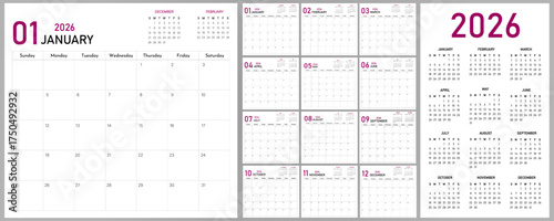 2026 Calendar Planner | Vector annual or monthly page layout for wall, desk calendar with week starts on Sunday | Daily routine note able calendar with some carmine font