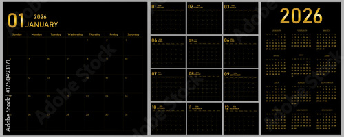2026 Calendar Planner | Vector annual or monthly page layout for wall, desk calendar starts on Sunday | Modern calendar with golden color font | Calendar demo for education and official word

