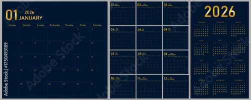 2026 Calendar Planner | Vector annual or monthly page layout for wall, desk calendar starts on Sunday | Modern calendar with golden gradient font color	| Calendar demo for education and official word
