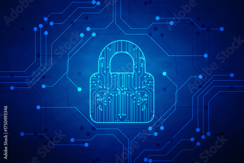 Closed Padlock on digital Circuit background, Technology security concept. Modern safety digital background. Lock Protection system, Cyber Security and information or network protection