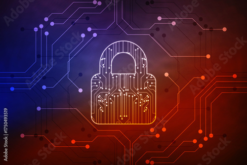 Closed Padlock on digital Circuit background, Technology security concept. Modern safety digital background. Lock Protection system, Cyber Security and information or network protection
