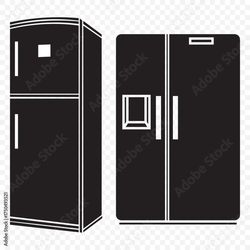 Refrigerator silhouettes set, kitchen appliance icons, black and white fridge designs, household cooling storage, modern and retro refrigerator illustration symbols