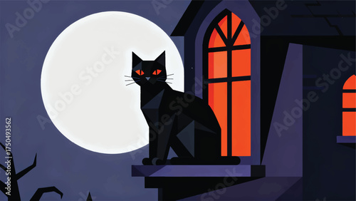 Illustration Of A Black Cat Sitting In The Window Of A Haunted House, A Large Moon Behind It Vector Design Template
