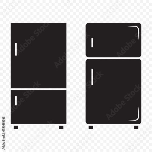 Refrigerator silhouettes set, kitchen appliance icons, black and white fridge designs, household cooling storage, modern and retro refrigerator illustration symbols