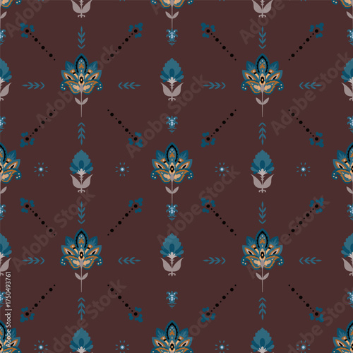 Maroon Teal Folk Floral Motif