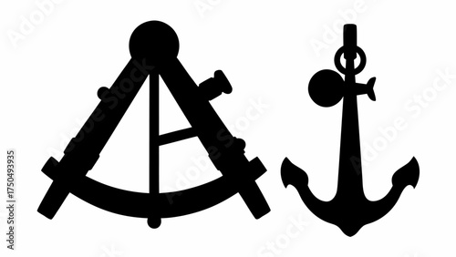 Nautical sextant and anchor designs for maritime themed illustrations and marine industry applications