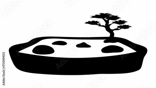 Meditative zen garden silhouette with bonsai tree and peaceful rock arrangement for spa or spiritual design