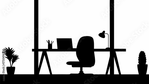 Silhouette of modern workspace setup with laptop, desk, chair and plant, perfect for creative projects