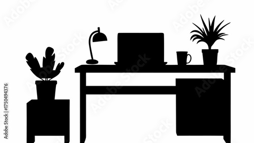 Modern silhouette of a stylish workspace featuring desk, lamp, laptop, plants, and coffee mug for work