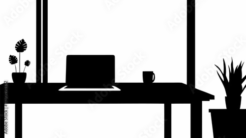 Modern workspace silhouette with laptop, coffee, and plants create a calm productive mood for work from home