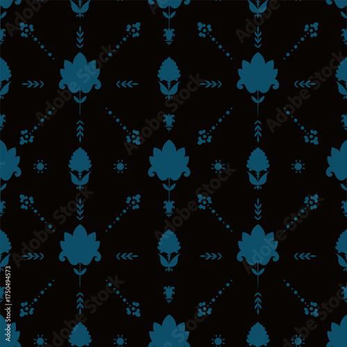 Midnight Teal Folk Floral Motif