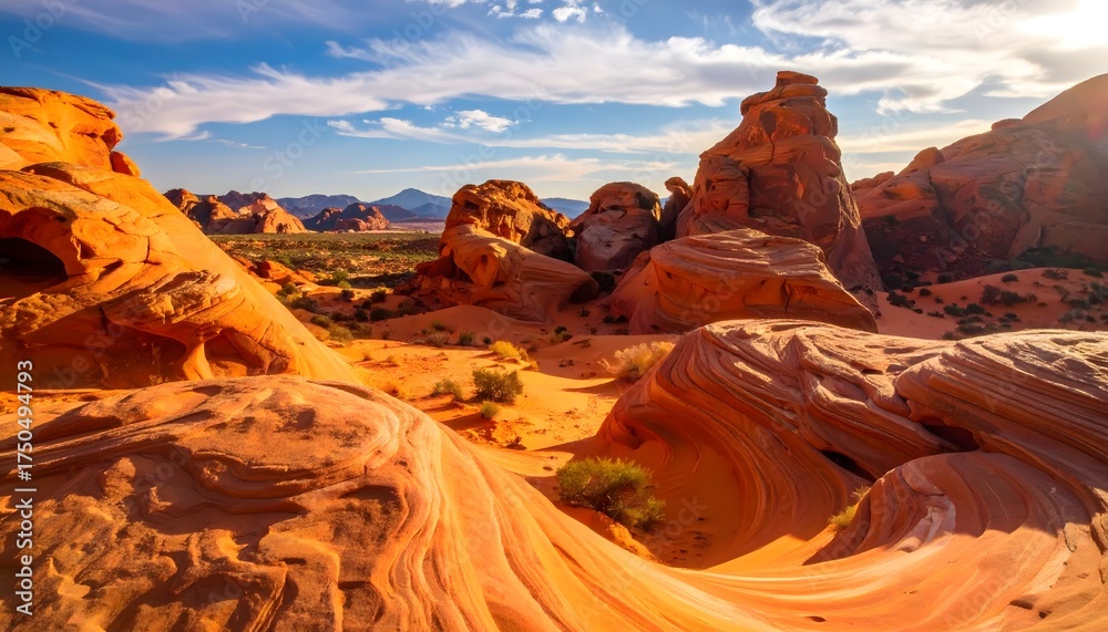 Naklejka premium Majestic desert landscape featuring vibrant, swirling sculpted red and orange sandstone rock formations under a partly cloudy blue sky at golden hour.