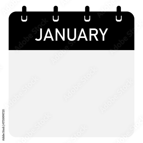 Editable monthly calendar icon | January month calendar icon with black header and blank space for text | Monthly planning idea background with modern look