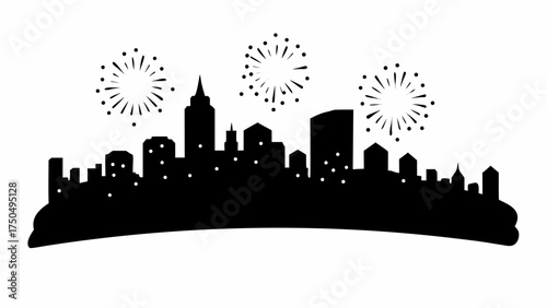 Dynamic city skyline silhouette celebrating with fireworks, perfect for holiday or event promotions, celebrations