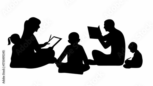 Family reading together silhouette, promoting literacy and learning bonding in a serene moment of togetherness
