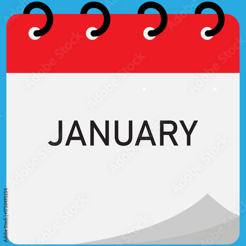 Month calendar | January month on calendar | Modern monthly calendar with free space for text and red header | Note of month with spiral binding on blue background | Flipping calendar page