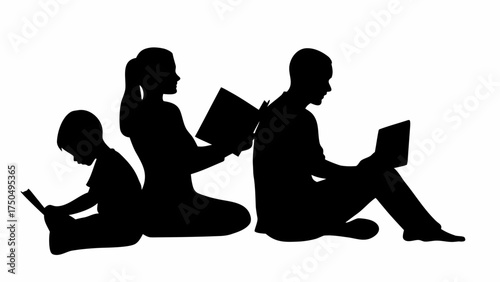 Engrossed family reading together silhouette, a modern lifestyle scene promoting education and family bonding