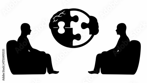 Brain puzzle therapy session featuring silhouette figures sharing insights for mental health solutions