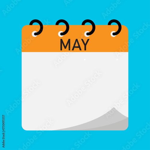Month calendar | May month on calendar | Modern monthly calendar with free space for text and orange header | Note of month with spiral binding on blue background | Flipping calendar page