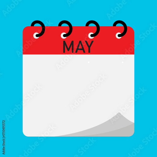 Month calendar | May month on calendar | Modern monthly calendar with free space for text and red header | Note of month with spiral binding on blue backgorund | Flipping calendar page