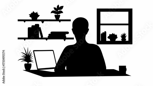Modern minimalist workspace silhouette with laptop, plants, and shelves perfect for remote work concepts