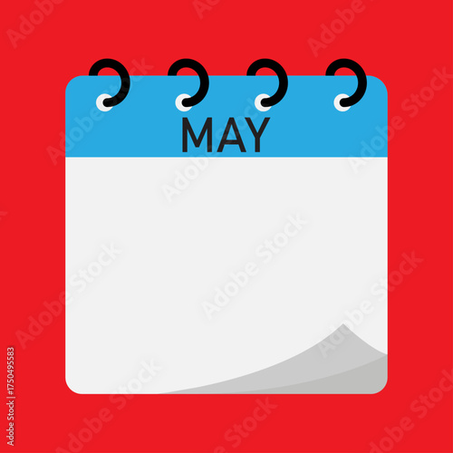 Month calendar | May month on calendar | Modern monthly calendar with free space for text and blue header | Note of month with spiral binding on red background | Flipping calendar page
