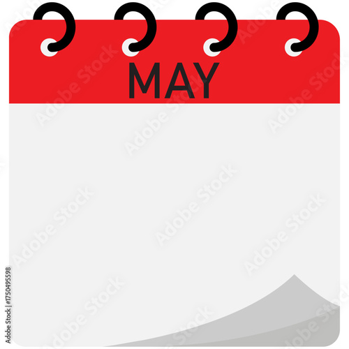 Month calendar | May month on calendar | Modern monthly calendar with free space for text and red header | Note of month with spiral binding | Flipping calendar page
