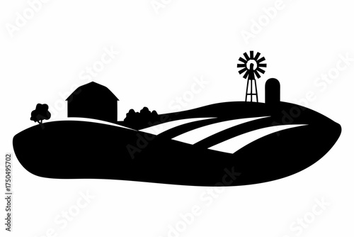 Charming rural farm scene with barn and windmill creates a rustic and peaceful mood, country design element