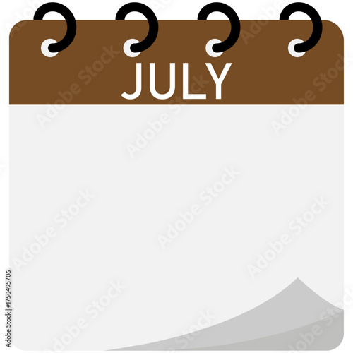 Month calendar | July month on calendar | Modern monthly calendar with free space for text and brown header | Note of month with spiral binding | Flipping calendar page