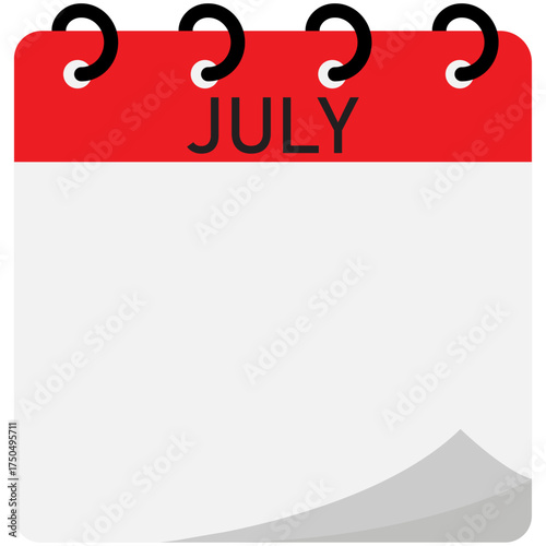 Month calendar | July month on calendar | Modern monthly calendar with free space for text and red header | Note of month with spiral binding | Flipping calendar page