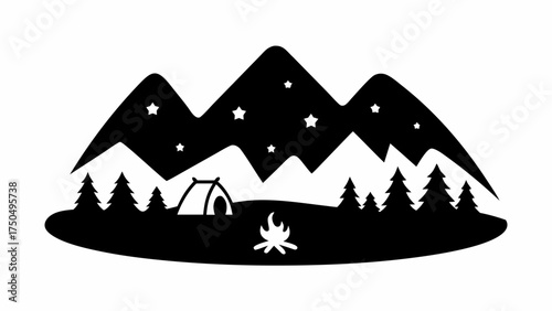 Camping adventure under starry skies, a cozy tent nestled near towering mountains and crackling campfire bliss