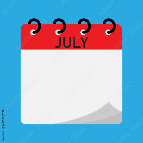 Month calendar | July month on calendar | Modern monthly calendar with free space for text and red header | Note of month with spiral binding on blue backgorund | Flipping calendar page