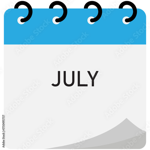 Month calendar | July month on calendar | Modern monthly calendar with free space for text and blue header | Note of month with spiral binding | Flipping calendar page