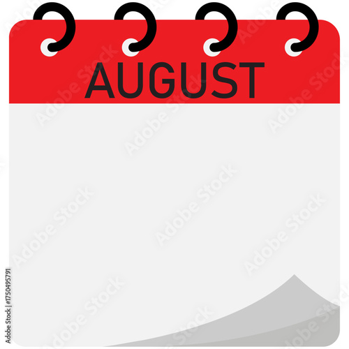 Month calendar | August month on calendar | Modern monthly calendar with free space for text and red header | Note of month with spiral binding | Flipping calendar page