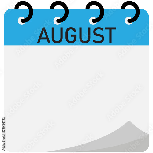 Month calendar | August month on calendar | Modern monthly calendar with free space for text and blue header | Note of month August with spiral binding | Flipping calendar page