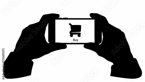 Hands hold smartphone with shopping cart icon, promoting easy online purchases and mobile commerce solutions