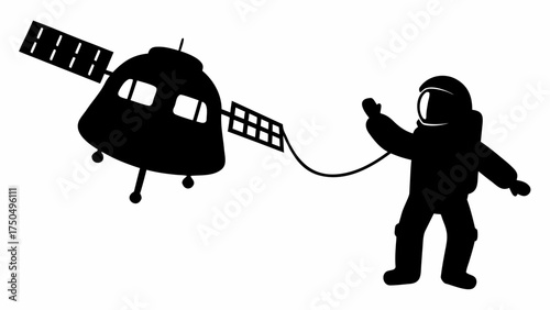 Brave astronaut tethered to a spacecraft, exploring the cosmos in silhouette form, ready for space adventures