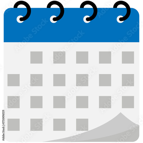 Spiral binding calendar symbol | Calendar schedule flat icon for apps and websites | Calendar isolated vector blue header icon with silver square space for day | Flip model calendar
