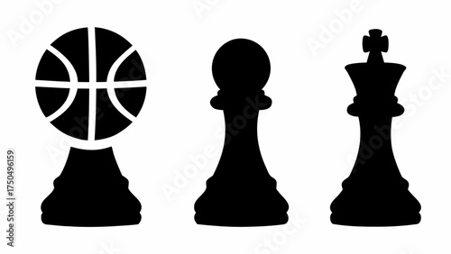 Dynamic concept showing basketball chess piece next to pawn and king pieces, game strategy and sports
