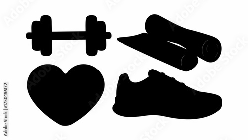 Inspiring fitness lifestyle concept featuring a dumbbell, yoga mat, heart, and running shoe for a healthy life