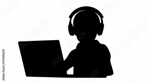 Silhouette of person wearing headphones using laptop for work or entertainment, creative design