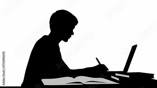 Student studying diligently with laptop and notebook, ideal for education, research, and learning