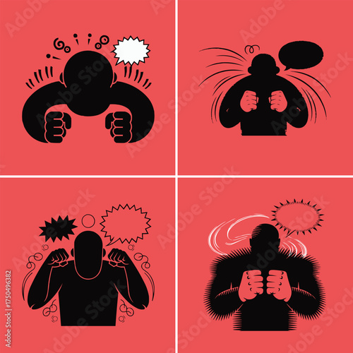 Angry man silhouette clenching fists with comic speech bubbles and emotional expression vector art for poster or t shirt design