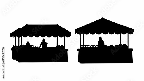 Farmers market stalls with vendors ready for business, perfect for illustrating fresh produce and local trade