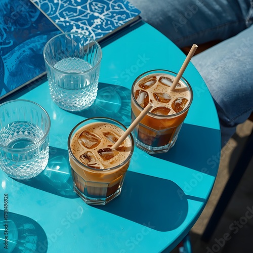 Top view of two iced coffee drinks with glass cups and paper straws on a bright blue table in outdoor café sunlight, creating a modern, refreshing, and summer lifestyle aesthetic composition.