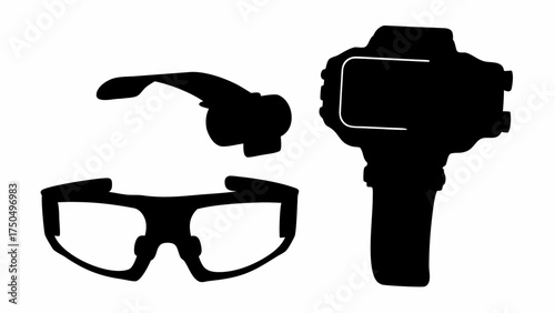 Modern black silhouettes of eyewear and a device ready for adventure and exploration, perfect for design